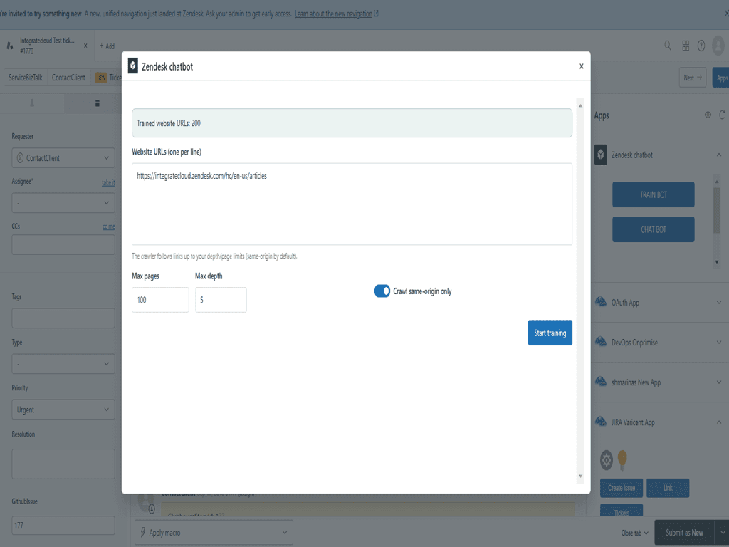 The IntegrateCloud chatbot Train Bot window inside a Zendesk ticket, with a website URL field, max pages set to 100, max depth set to 5 and a crawl same-origin only toggle, as taken from the Zendesk Marketplace listing
