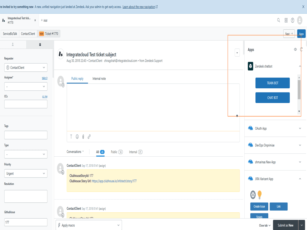 The Zendesk chatbot app open in the ticket sidebar of a Zendesk Support ticket, showing Train Bot and Chat Bot buttons, as taken from the Zendesk Marketplace listing