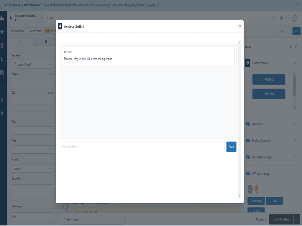The Zendesk chatbot chat window inside a ticket, with the assistant message "Train me using website URLs, then ask a question." and an Ask a question field with a Send button, as taken from the Zendesk Marketplace listing