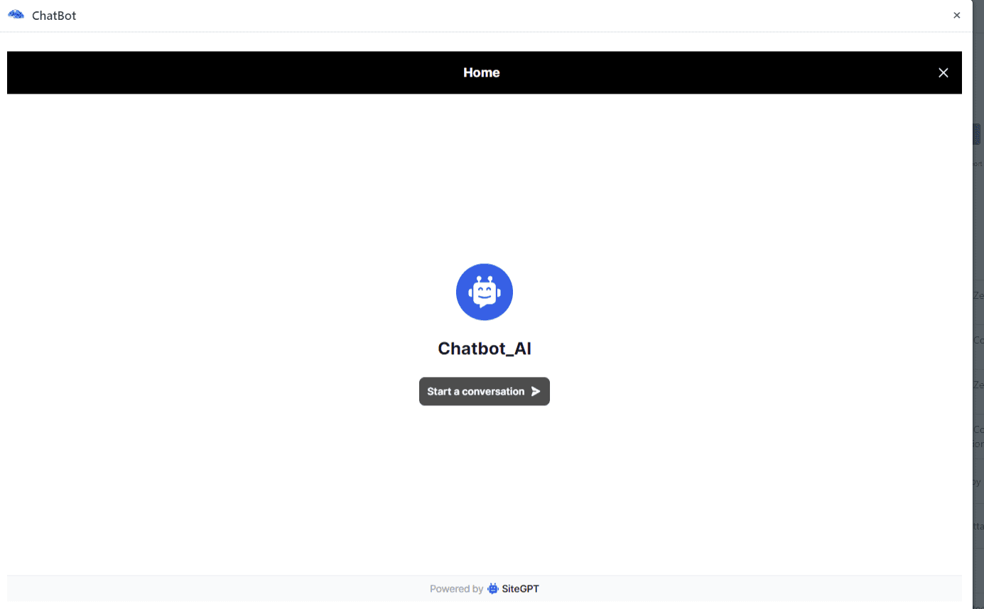 The older ChatGPT AI By IntegrateCloud app open in Zendesk, a Chatbot_AI home screen with a Start a conversation button and a Powered by SiteGPT footer, as taken from the older listing
