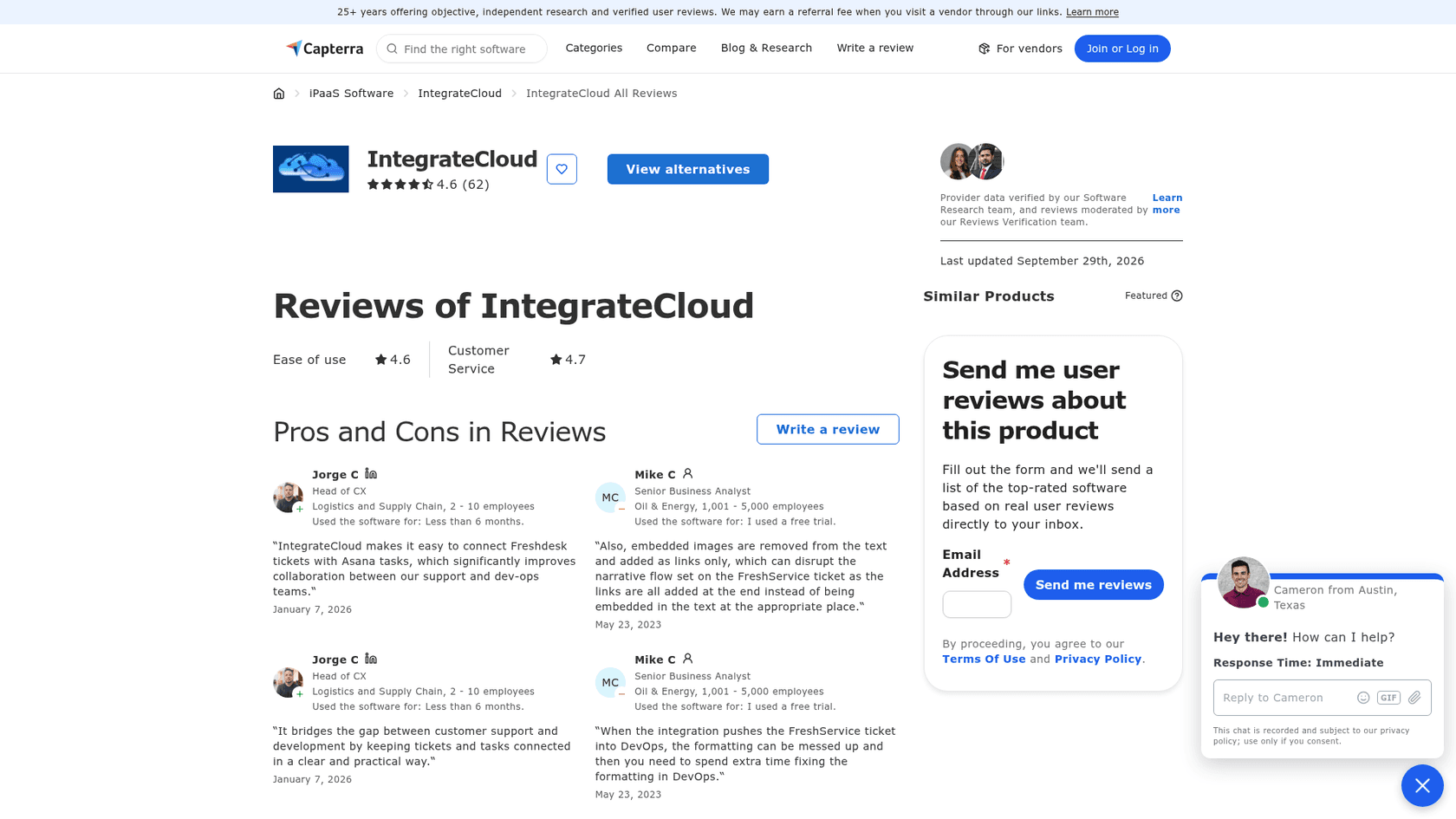 The IntegrateCloud reviews page on Capterra showing a 4.6 rating from 62 reviews, ease of use 4.6, customer service 4.7 and pros and cons from reviewers, as taken from Capterra