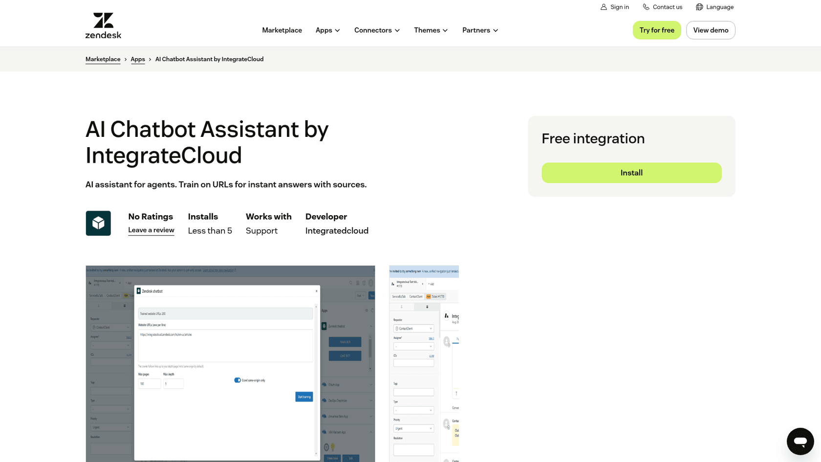 The AI Chatbot Assistant by IntegrateCloud listing on the Zendesk Marketplace, showing Free integration, No Ratings, fewer than 5 installs and the Train Bot screen, as taken from Zendesk Marketplace