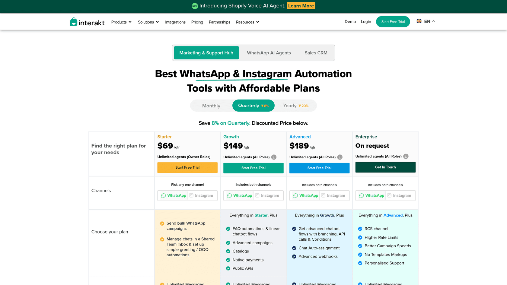 Interakt pricing page showing Starter at $69, Growth at $149 and Advanced at $189 per quarter with unlimited agents, as taken from Interakt