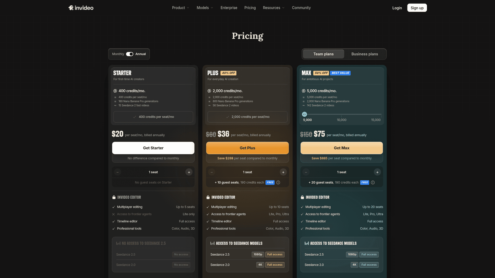 InVideo pricing page showing Starter, Plus and Max plans, as taken from InVideo
