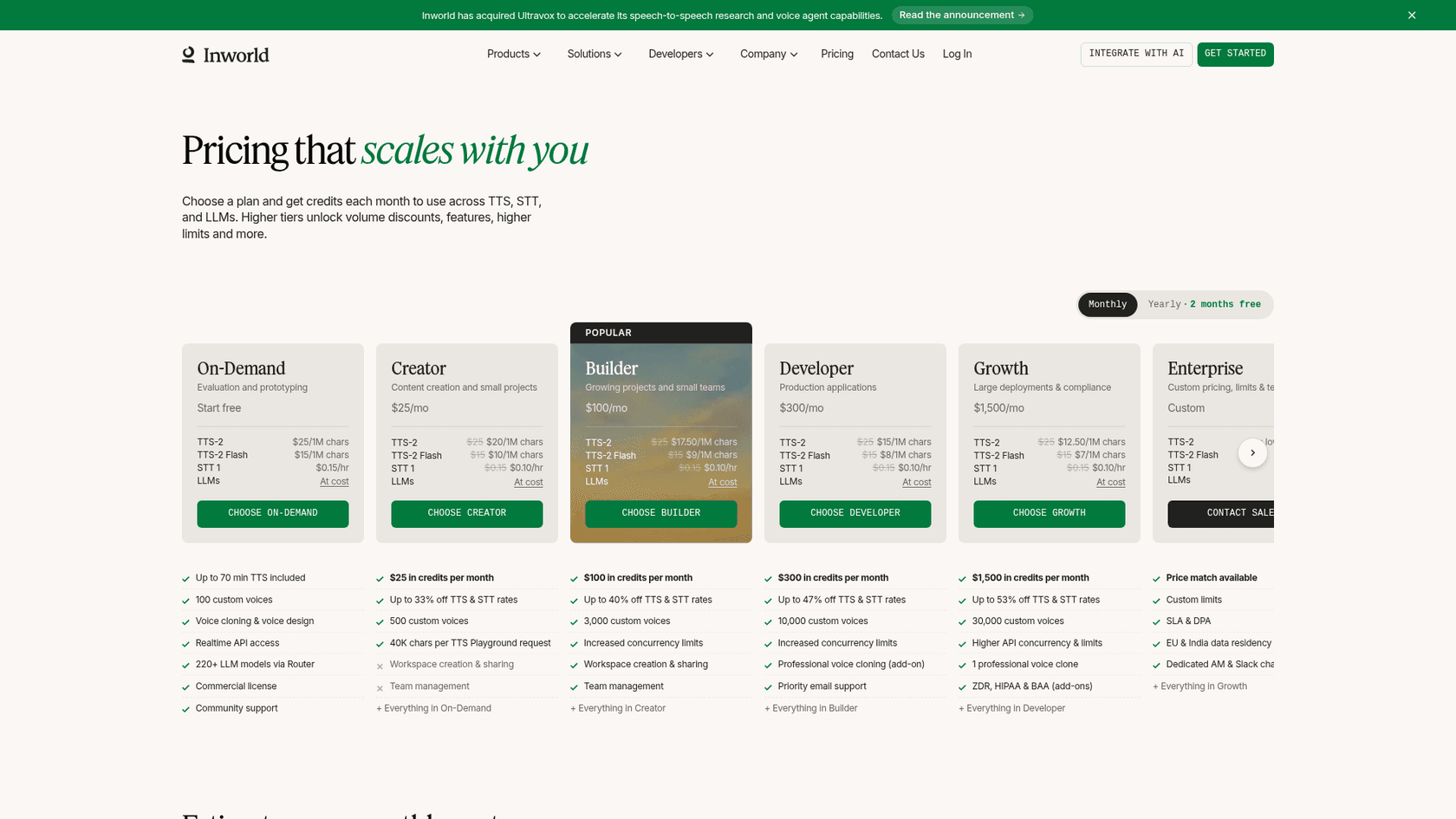 Inworld's pricing page showing the On-Demand, Creator, Builder, Developer and Growth plans with TTS-2, TTS-2 Flash and STT rates, as taken from Inworld