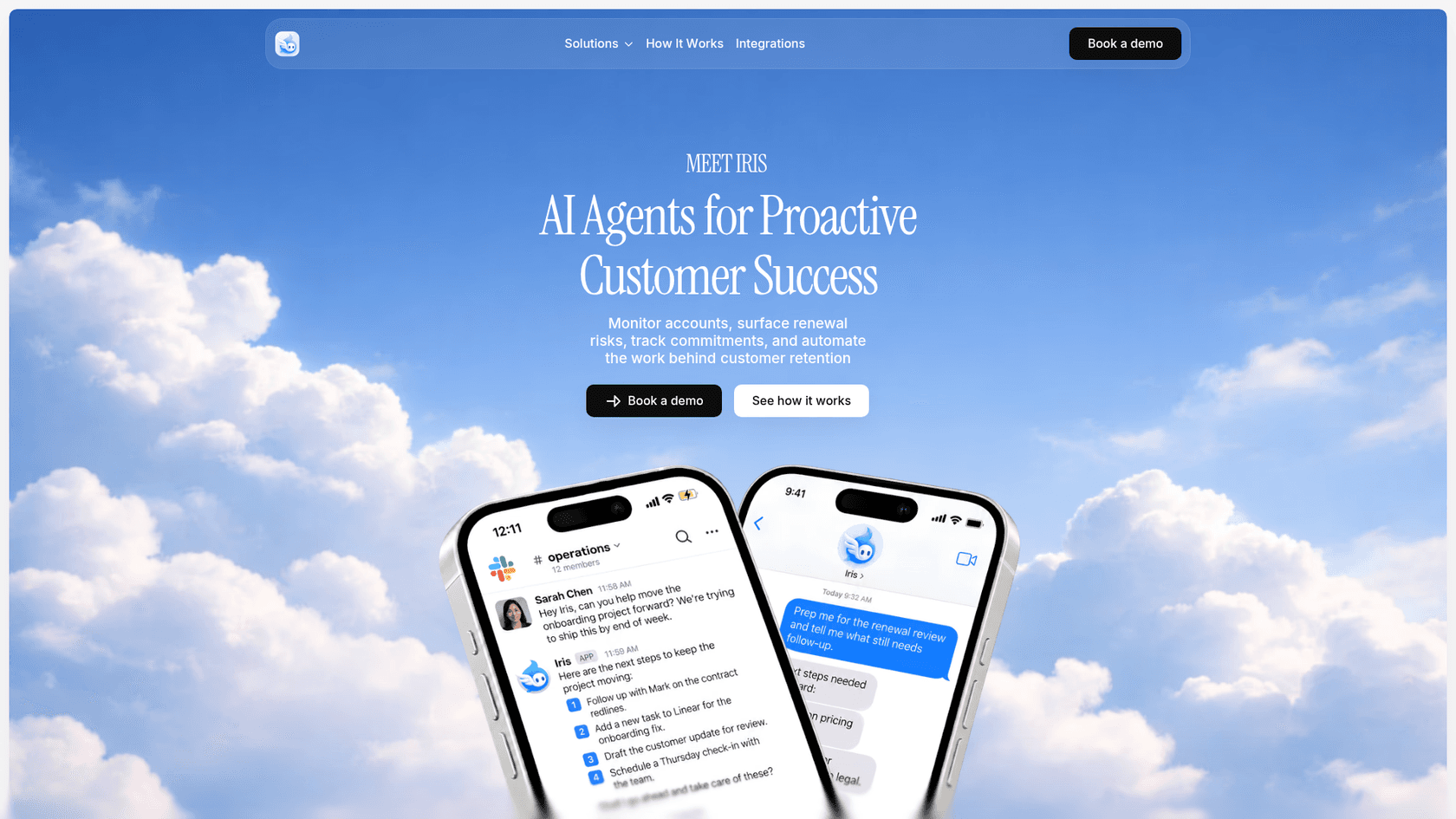 Iris customer success page with the headline "AI Agents for Proactive Customer Success", a book-a-demo button and two phones showing an Iris reply in a Slack operations channel and an iMessage request to prep for a renewal review, as taken from Iris