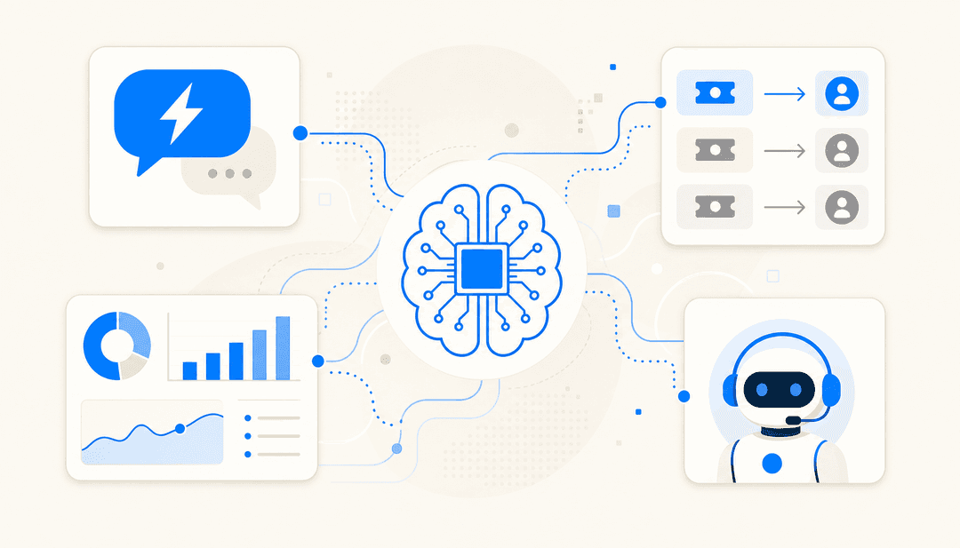 Ilustração abstrata de um cérebro de IA conectado a painéis flutuantes de interface de helpdesk de TI