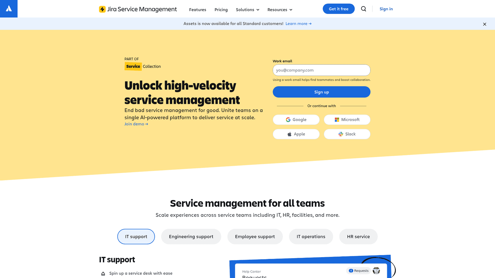 Jira Service Management homepage showing developer-friendly ITSM with Rovo AI