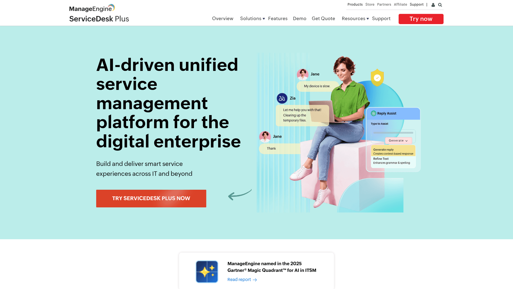 ManageEngine ServiceDesk Plus homepage showing ITSM with Zia AI built in