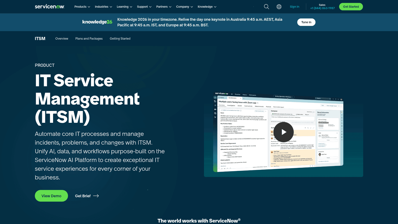 ServiceNow ITSM homepage showing autonomous AI workforce for enterprise IT
