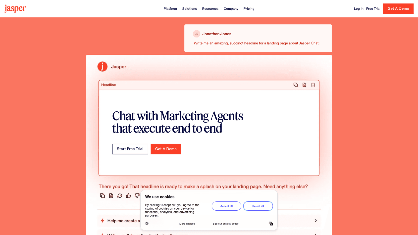 Jasper Chat landing page with a headline written by the assistant, as taken from Jasper's site