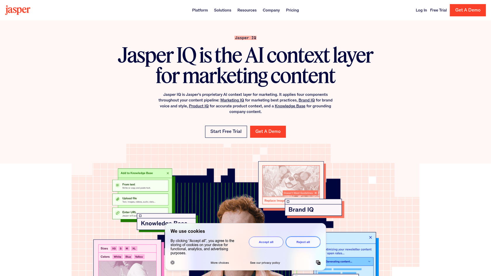 Jasper IQ page showing Brand IQ, Knowledge Base and Marketing IQ, as taken from Jasper's site