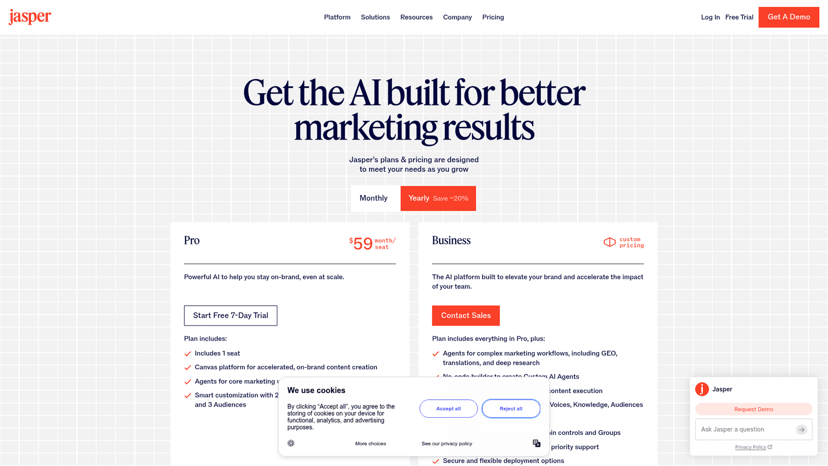 Jasper pricing page showing the Pro plan at $59 per seat per month and custom Business pricing, as taken from Jasper's pricing page