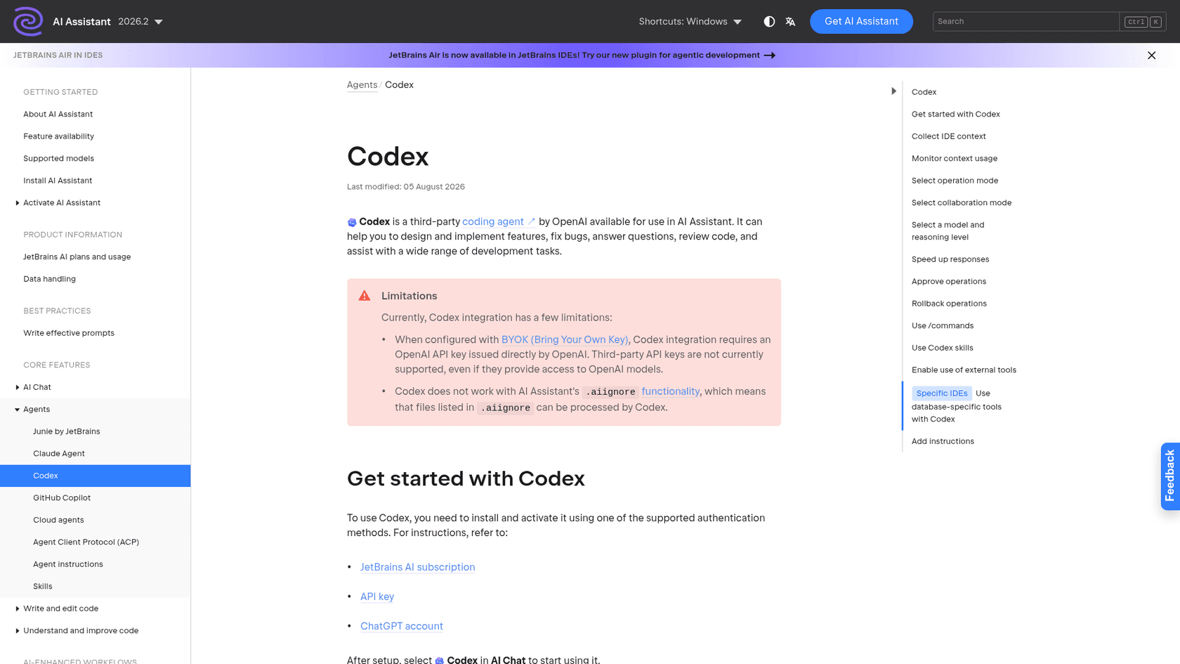 JetBrains AI Assistant documentation page for the Codex agent, as taken from the JetBrains help site