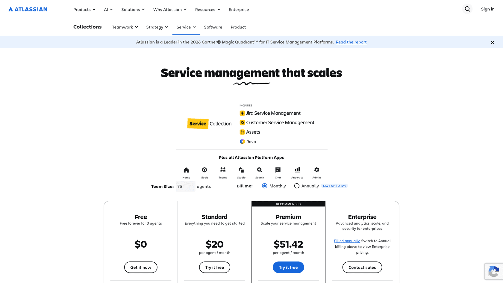 Atlassian's Service Collection pricing page showing Free at $0, Standard at $20, and Premium at $51.42 per agent per month, as taken from Atlassian's pricing page