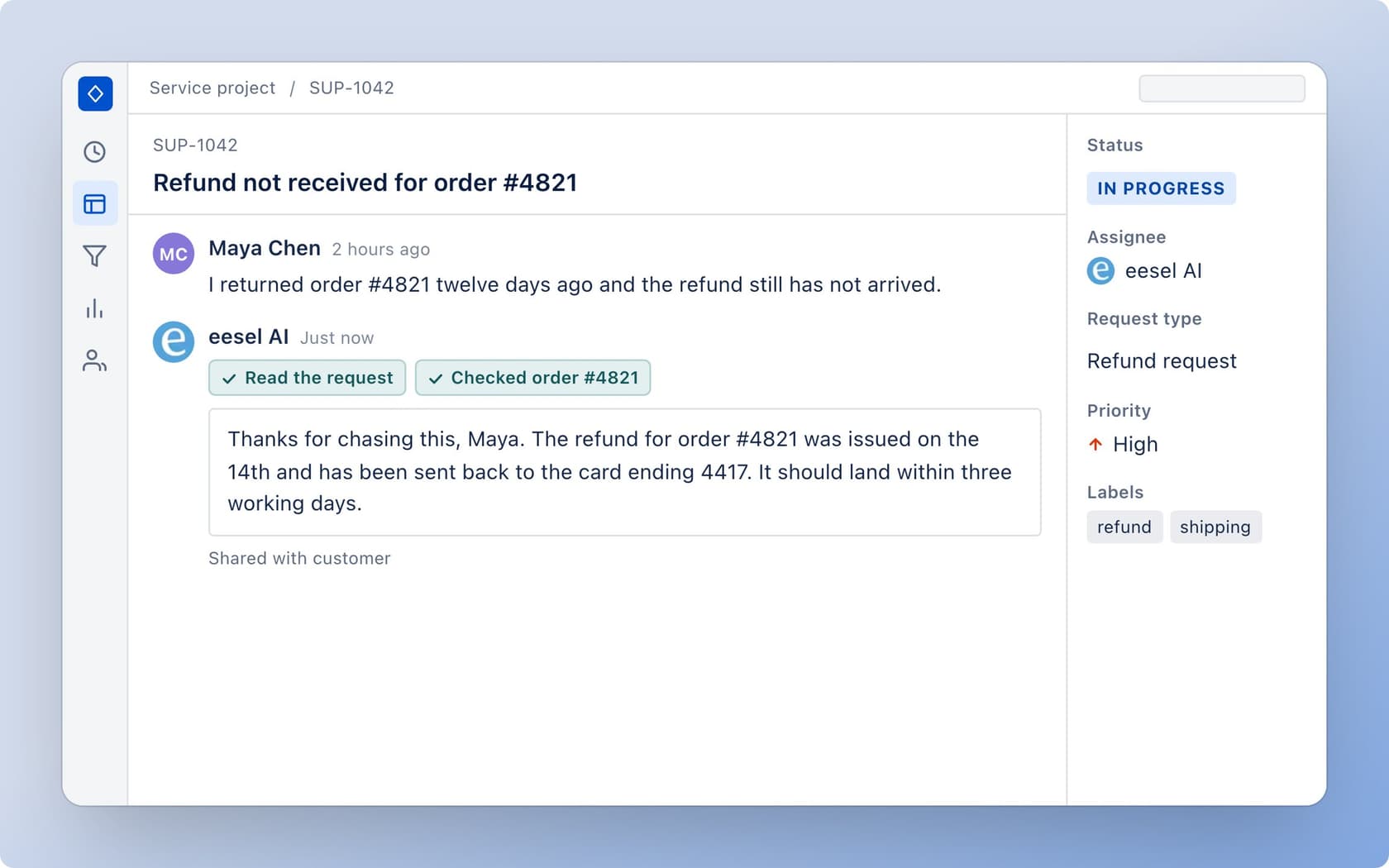 A JSM refund request answered by eesel after it read the request and checked the order, with the request assigned to eesel and labelled refund and shipping
