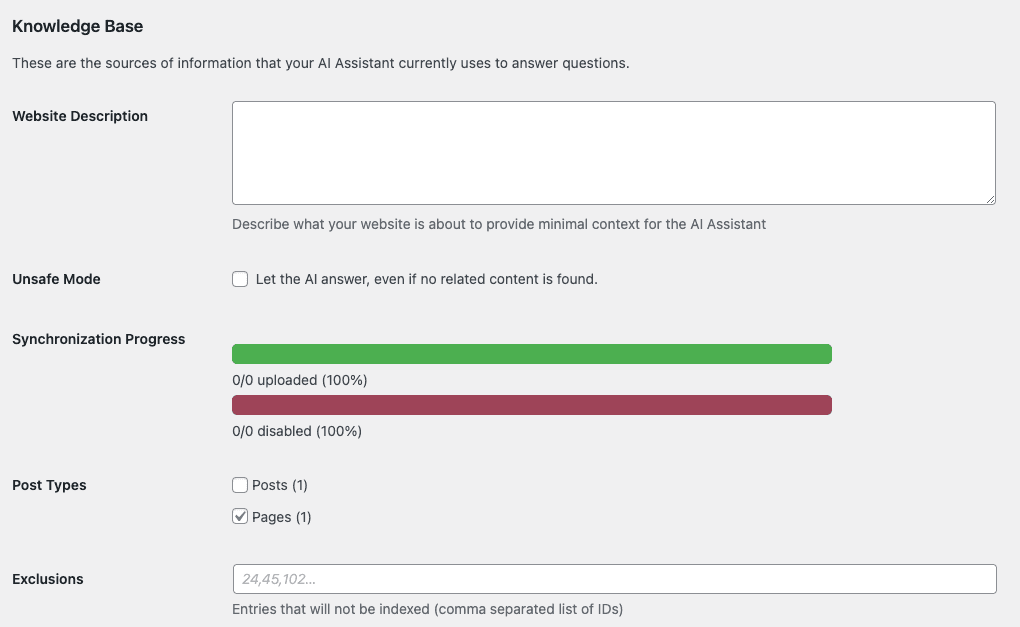 The Joinchat AI Knowledge Base settings in WordPress, with a website description box, an Unsafe Mode checkbox, synchronization progress bars, post type checkboxes for Posts and Pages, and an exclusions field, as taken from the Joinchat docs