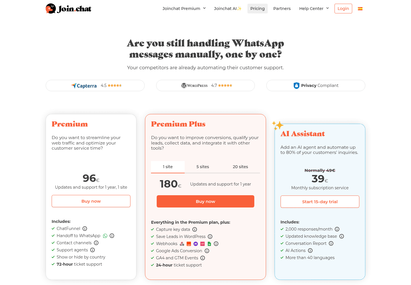 Joinchat's pricing page headed Are you still handling WhatsApp messages manually, one by one, with Premium at 96 euros a year for one site, Premium Plus at 180 euros for one site with 5 and 20 site tabs, and the AI Assistant at 39 euros a month, normally 49, with a 15-day trial, as taken from join.chat