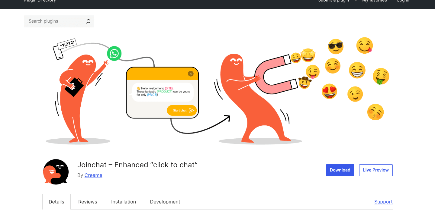 The Joinchat listing on WordPress.org, titled Joinchat Enhanced click to chat by Creame, with a banner of an orange mascot sending a chat window to WhatsApp and pulling in smiling faces with a magnet, as taken from WordPress.org