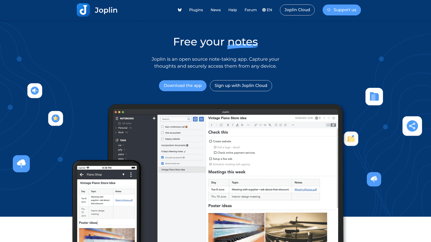 Joplin's homepage showing its desktop and mobile note-taking apps, as taken from Joplin