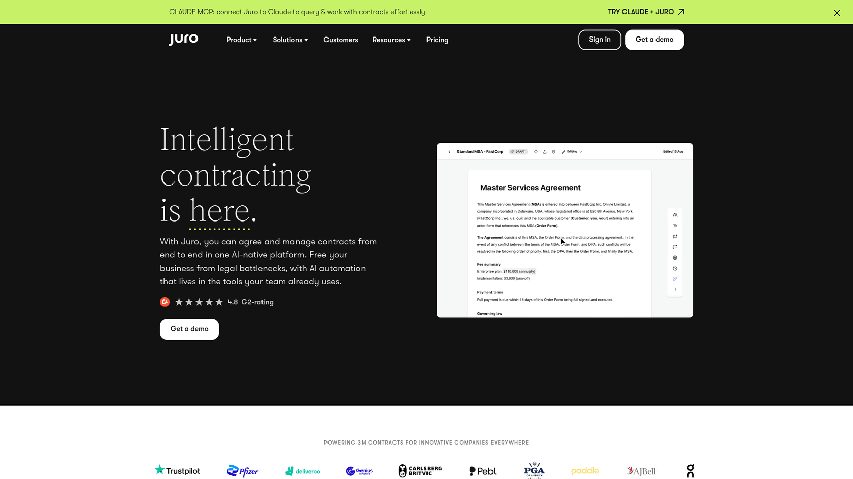 Juro homepage showing a master services agreement in its editor, as taken from Juro