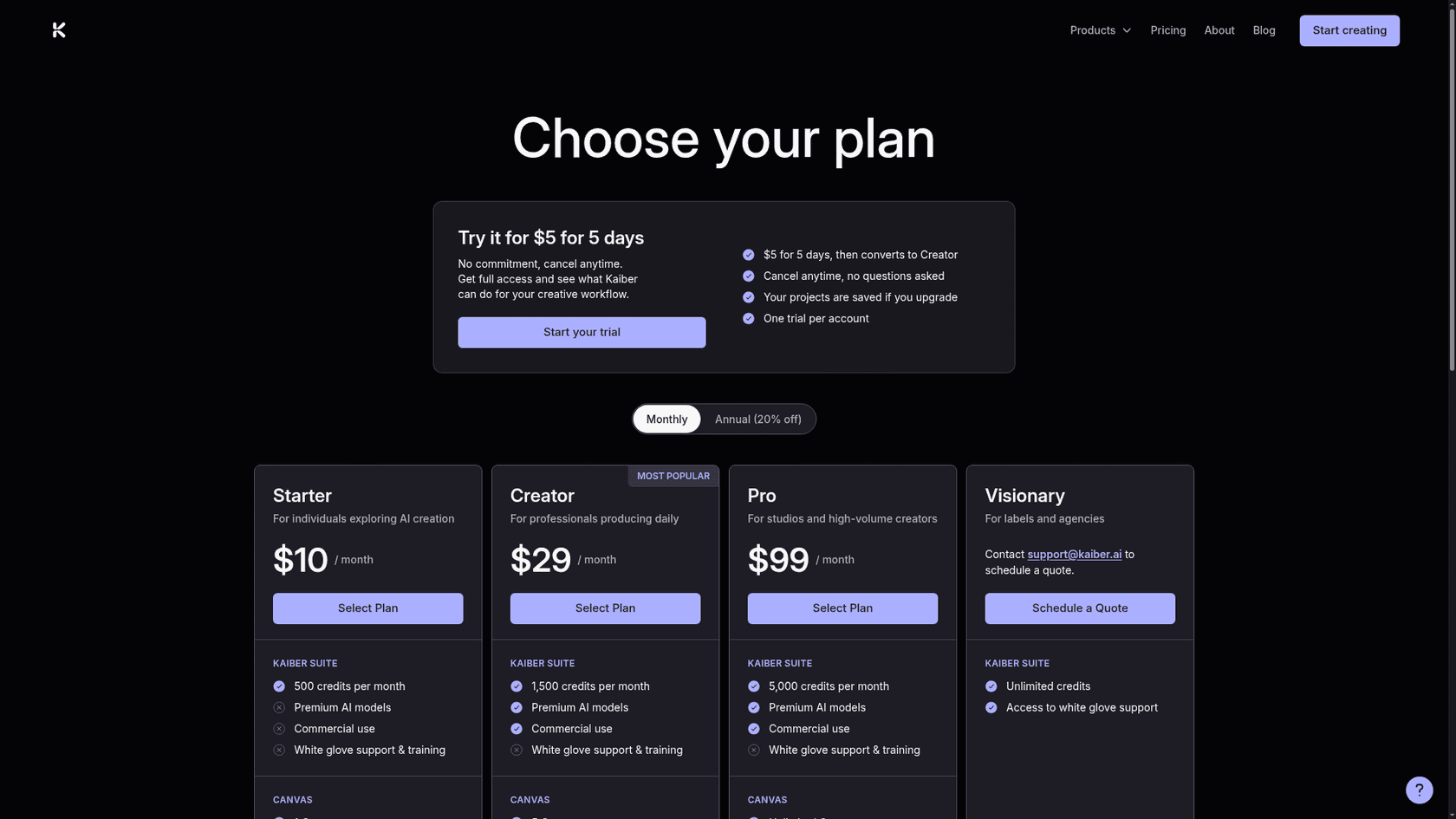 Kaiber pricing page showing the Starter, Creator, Pro and Visionary plans, as taken from Kaiber