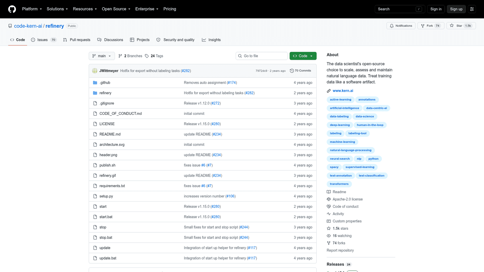 The refinery repository on GitHub, Apache-2.0 licensed with its last commit on December 9, 2024, as taken from GitHub