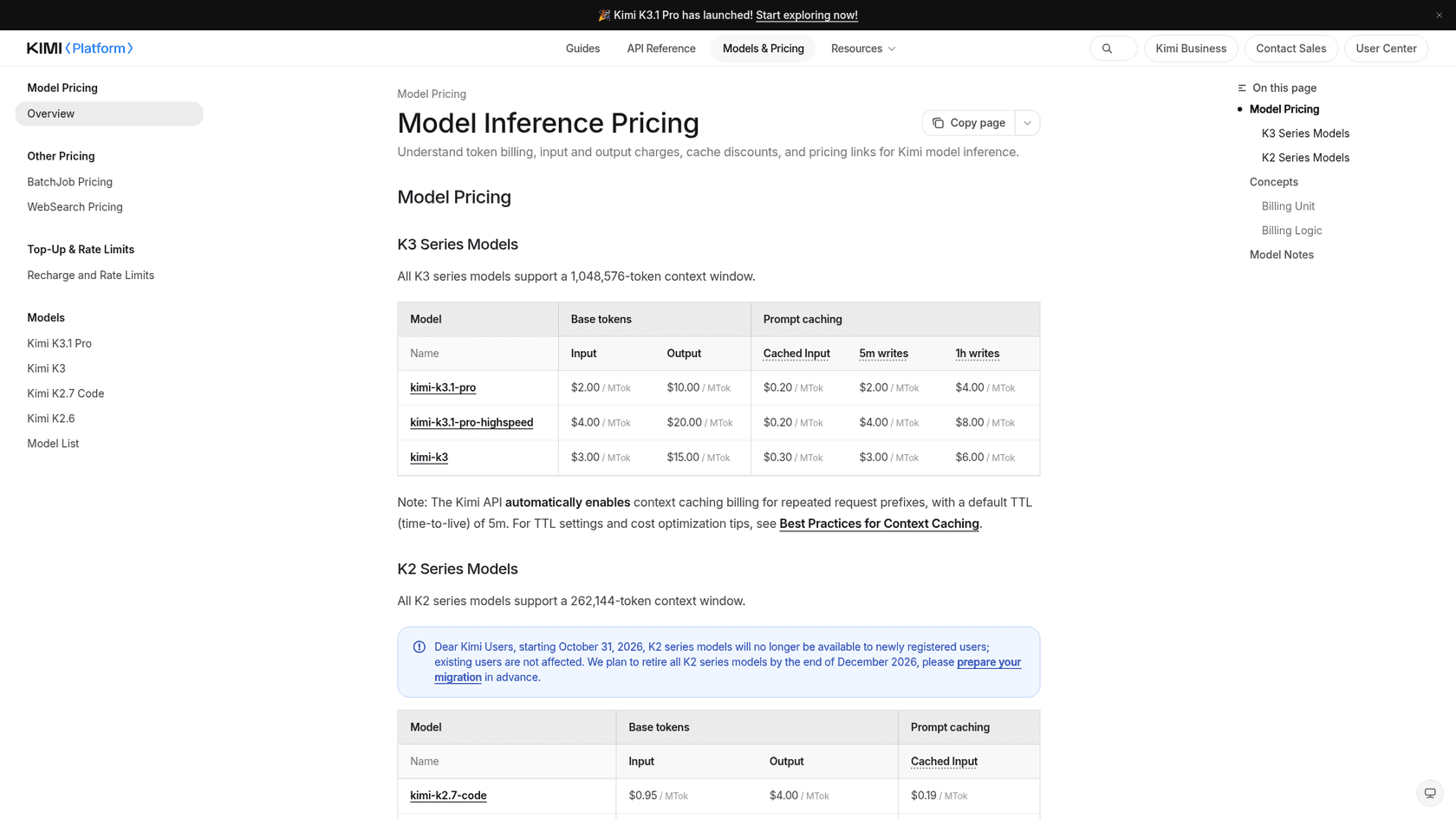The Kimi Platform model inference pricing page listing kimi-k3.1-pro at $2.00 input, $10.00 output and $0.20 cached input, kimi-k3.1-pro-highspeed at $4.00 and $20.00, and kimi-k3 at $3.00 and $15.00 per million tokens, as captured from the Kimi Platform
