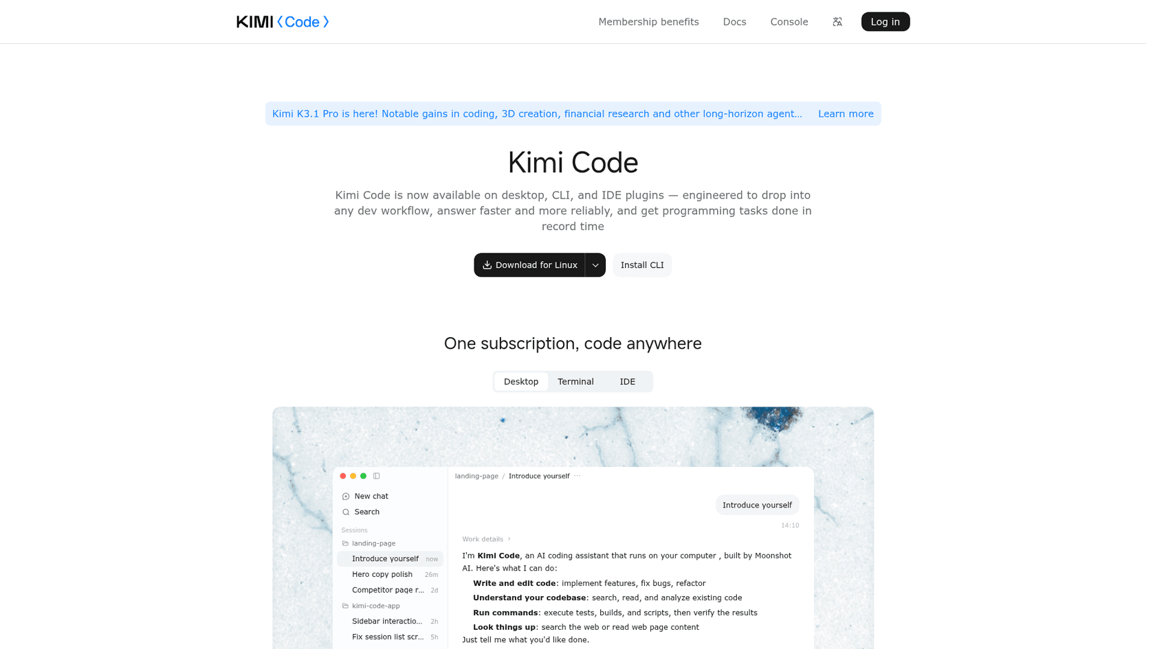 The Kimi Code landing page, with a banner announcing Kimi K3.1 Pro and the desktop, CLI and IDE options, as taken from Kimi Code