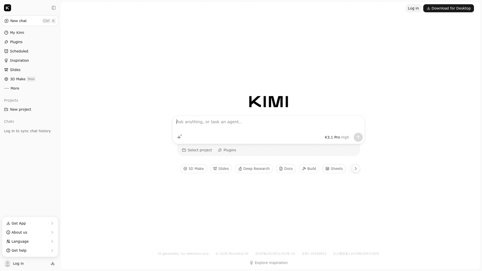 The kimi.com chat home page with a prompt box reading "Ask anything, or task an agent" and K3.1 Pro High selected as the model, as taken from Kimi