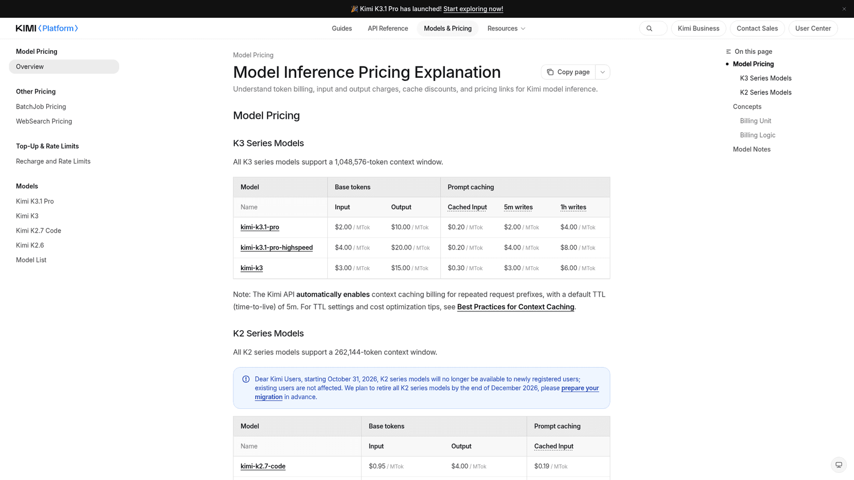 The Kimi API model pricing page listing kimi-k3.1-pro at $2 input and $10 output, kimi-k3.1-pro-highspeed at $4 and $20, and kimi-k3 at $3 and $15 per million tokens, as taken from the Kimi Platform