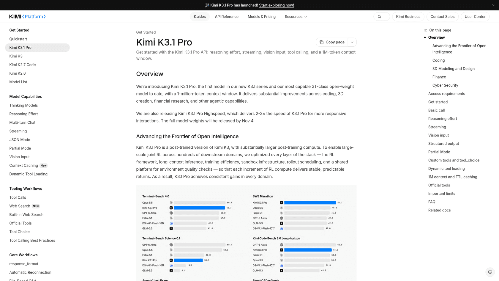 The Kimi Platform quickstart page for Kimi K3.1 Pro, with a docs menu covering reasoning effort, streaming, vision input and tool calls next to Moonshot's benchmark charts, as taken from the Kimi Platform