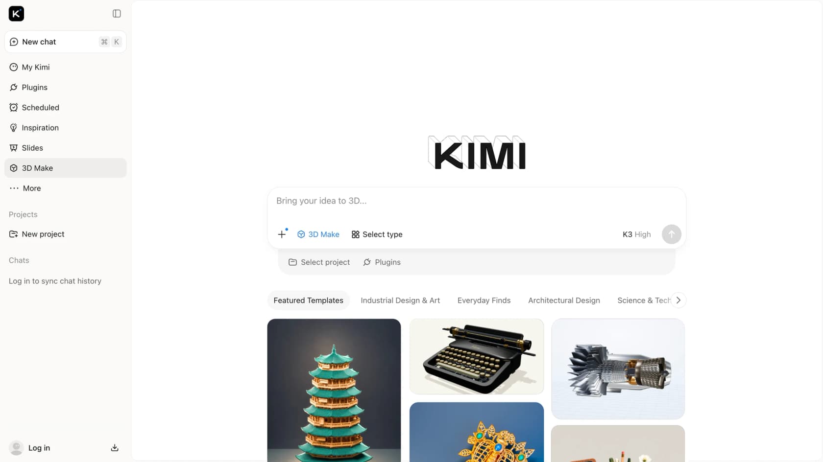 The 3D Make tab on kimi.com, with a prompt box reading "Bring your idea to 3D" and featured templates including a pagoda, a typewriter and a jet engine, as taken from the Kimi blog