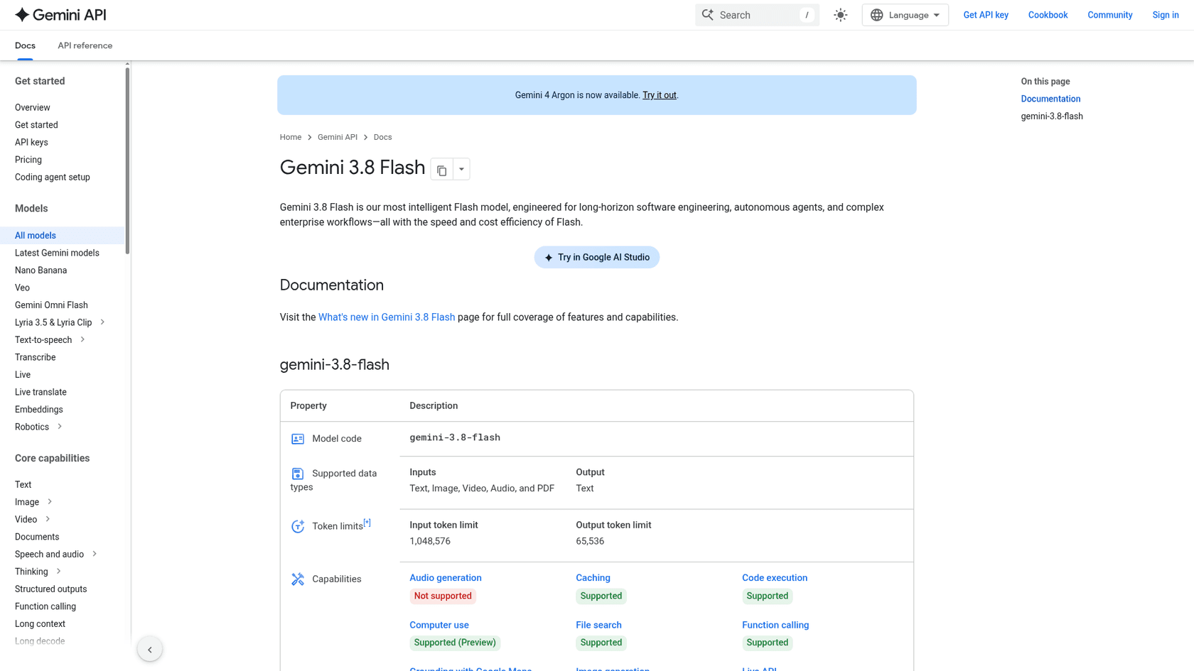 The Gemini API docs page for Gemini 3.8 Flash, listing text, image, video, audio and PDF inputs, a 1,048,576-token input limit and a 65,536-token output limit, as taken from the Gemini API docs