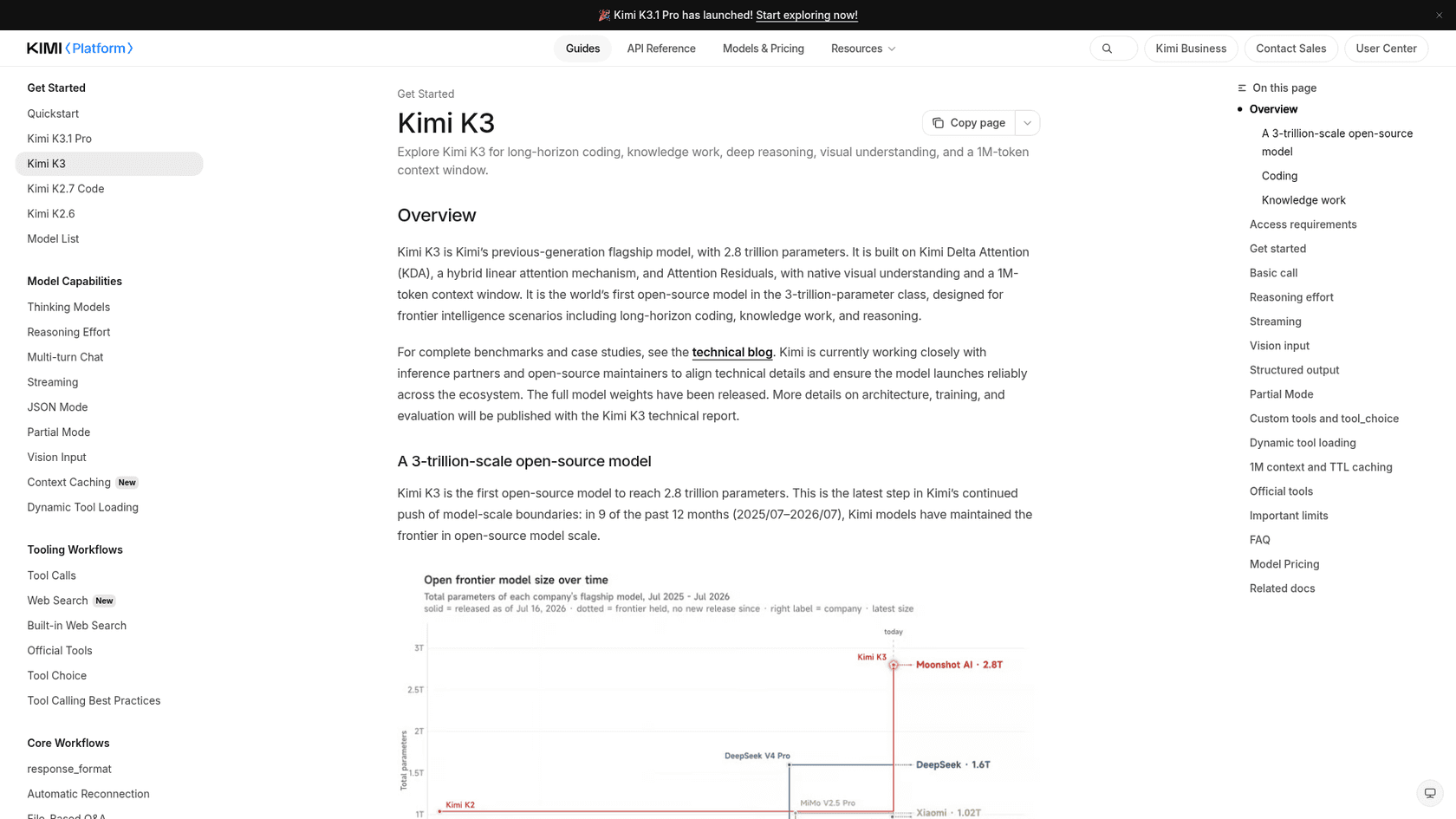 The Kimi Platform docs page for Kimi K3, describing it as the previous-generation 2.8 trillion parameter flagship with a 1M-token context window and released weights, as taken from the Kimi Platform