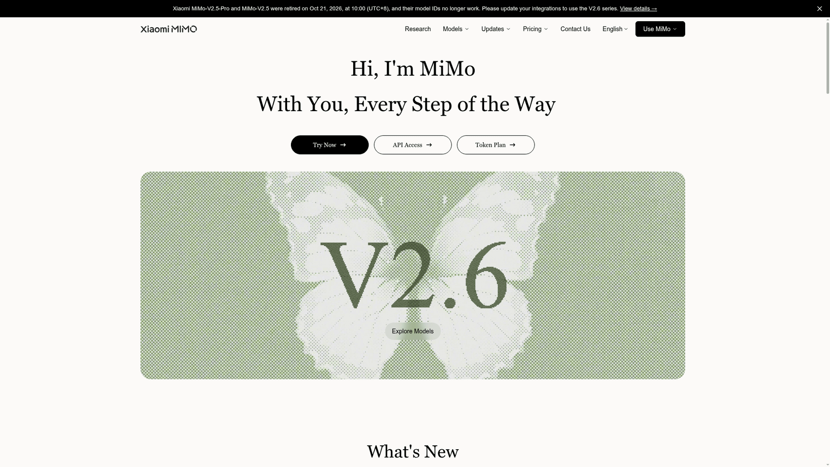 The Xiaomi MiMo home page announcing V2.6, with Try Now, API Access and Token Plan buttons, as taken from Xiaomi MiMo
