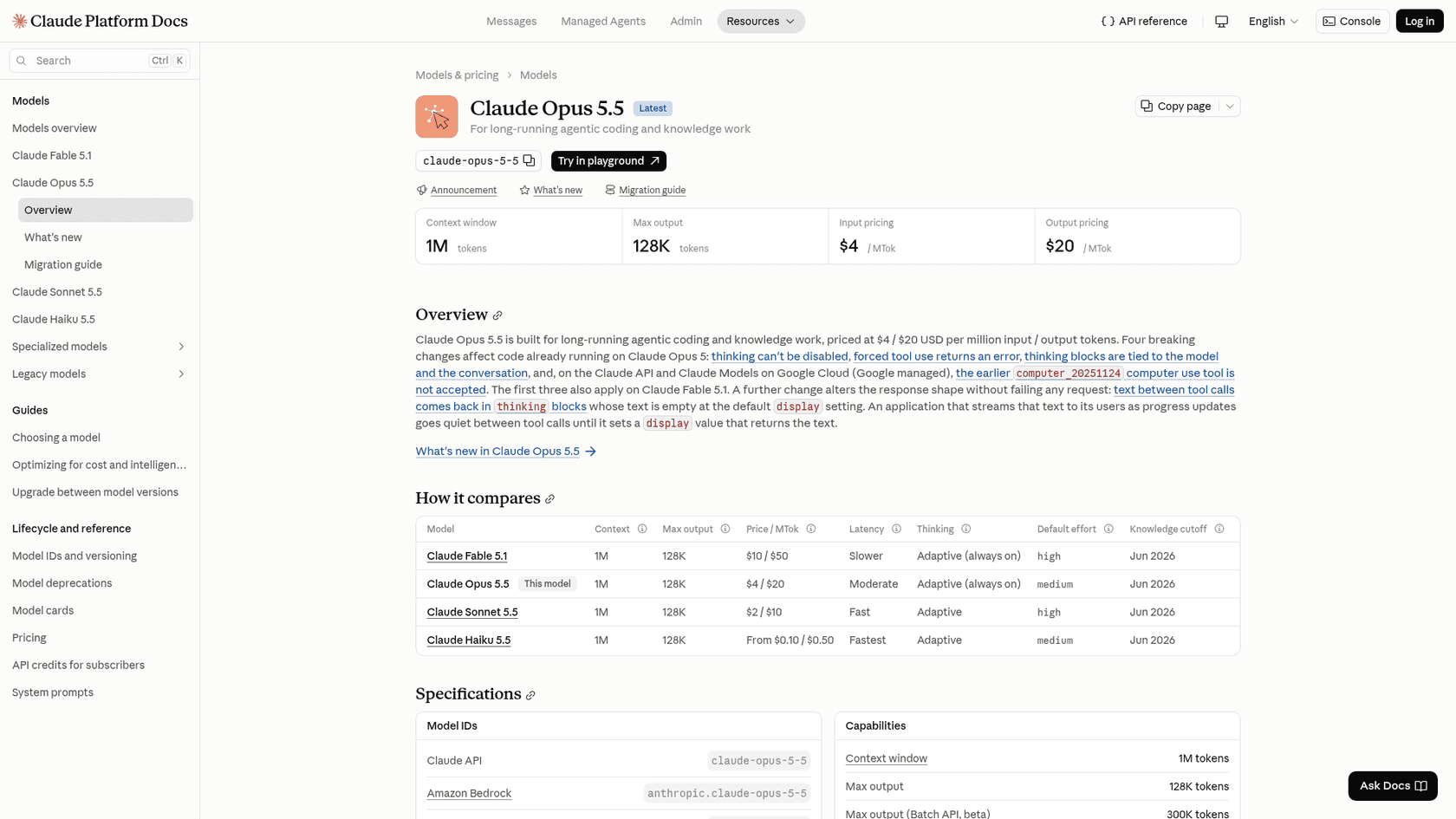 The Claude Platform docs page for Claude Opus 5.5, showing a 1M context window, 128K max output, $4 input and $20 output pricing, and medium as the default effort, as taken from the Claude Platform docs