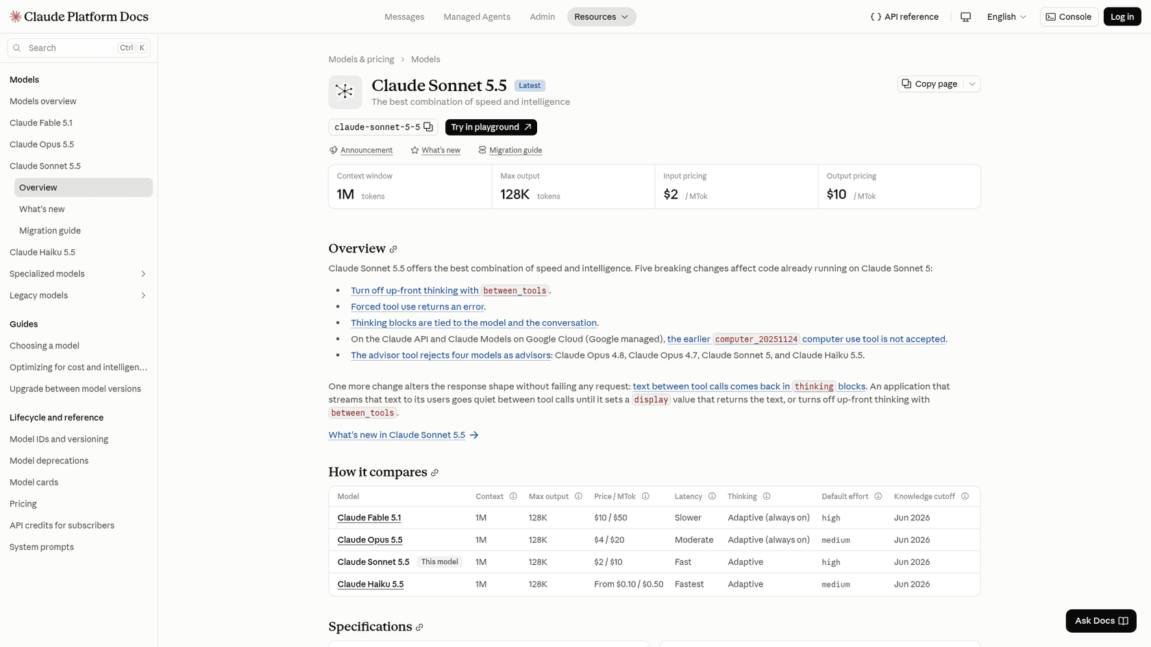 The Claude Platform docs page for Claude Sonnet 5.5, showing a 1M context window, 128K max output, $2 input and $10 output pricing, and a comparison table with Fable 5.1, Opus 5.5 and Haiku 5.5, as taken from the Claude Platform docs