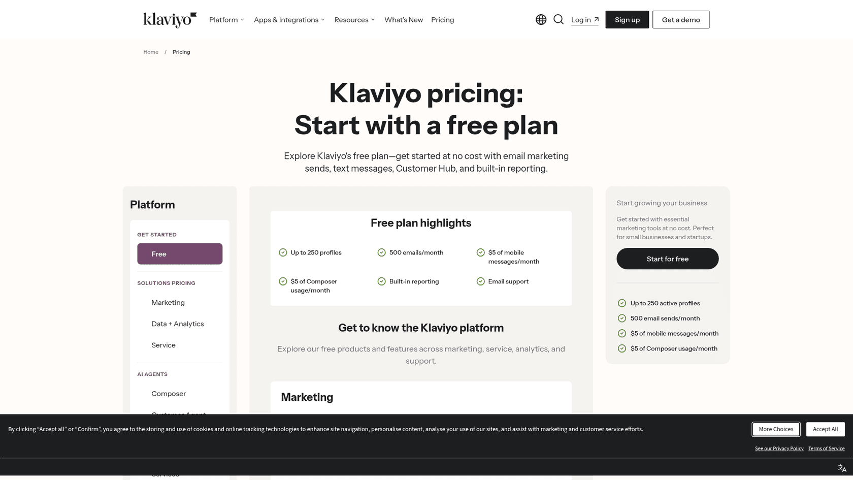 Klaviyo's pricing page showing the free plan limits, as taken from Klaviyo pricing