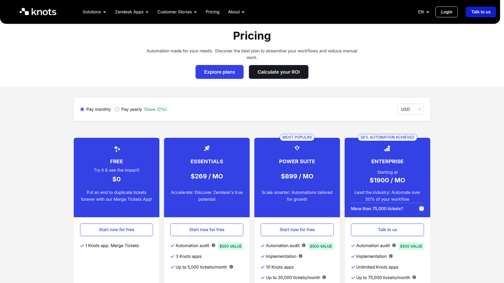 Knots pricing page showing the Free, Essentials, Power Suite and Enterprise plans, as taken from Knots