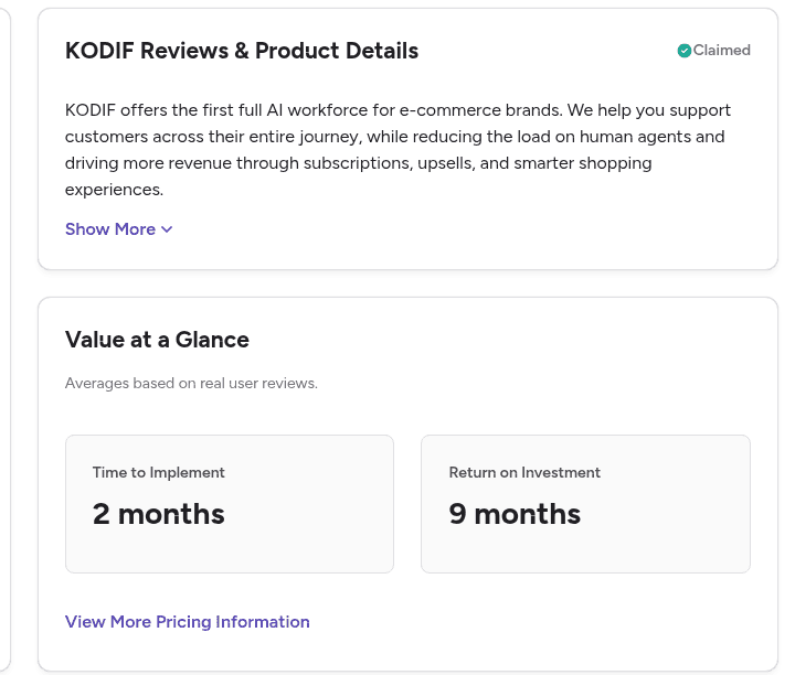 G2's Value at a Glance panel for Kodif showing 2 months time to implement and 9 months return on investment, as taken from G2