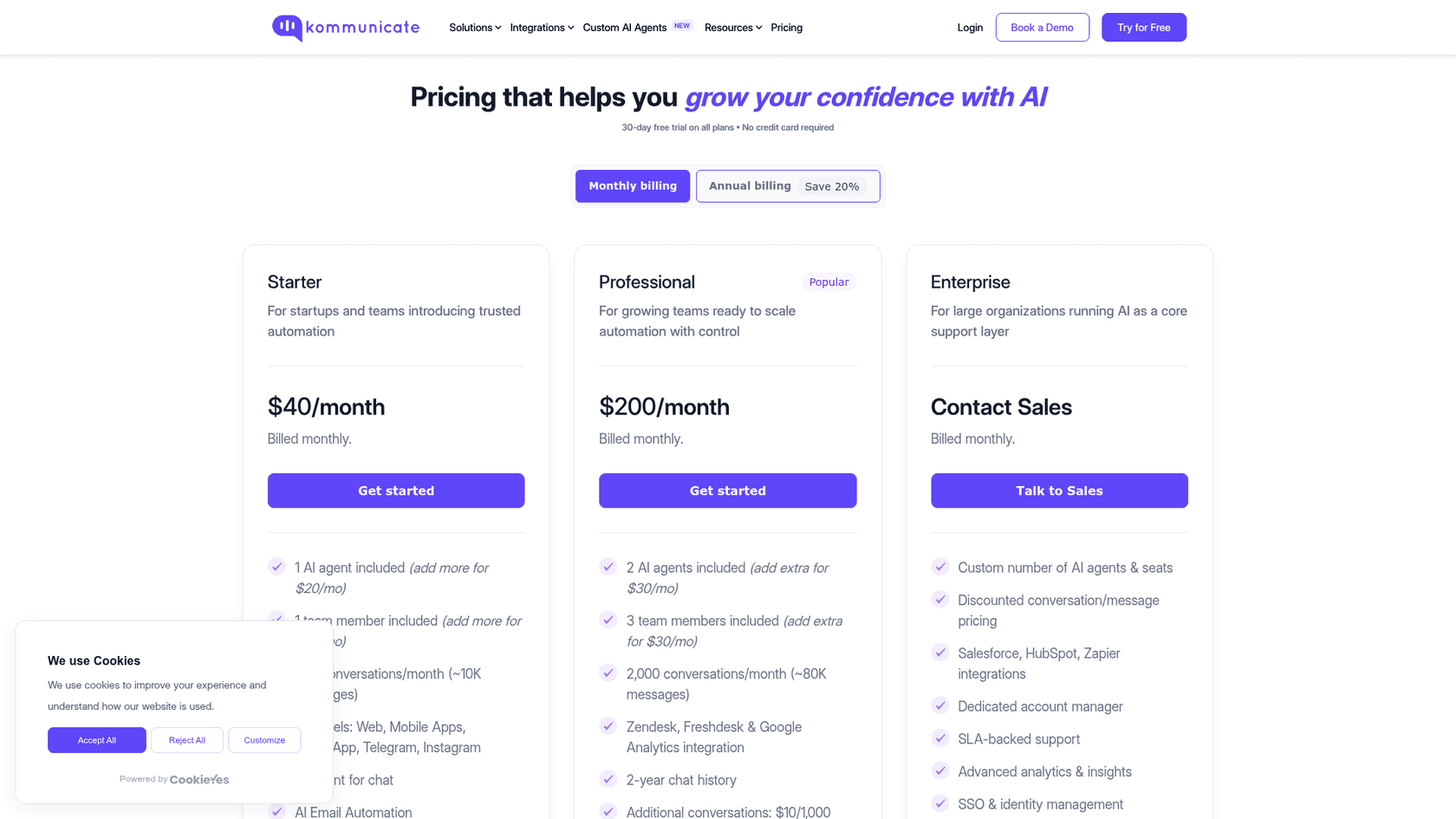 Kommunicate pricing page showing the Starter, Professional and Enterprise plans, as taken from Kommunicate