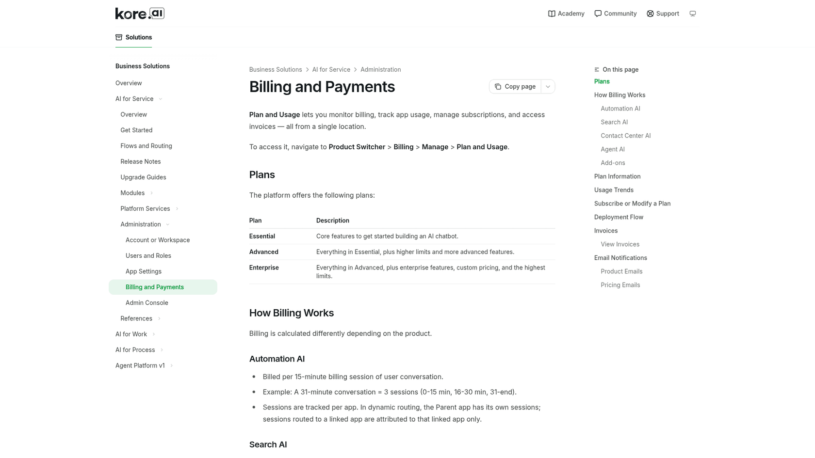 Kore.ai billing docs listing Essential, Advanced, and Enterprise plans without prices, as taken from Kore.ai docs