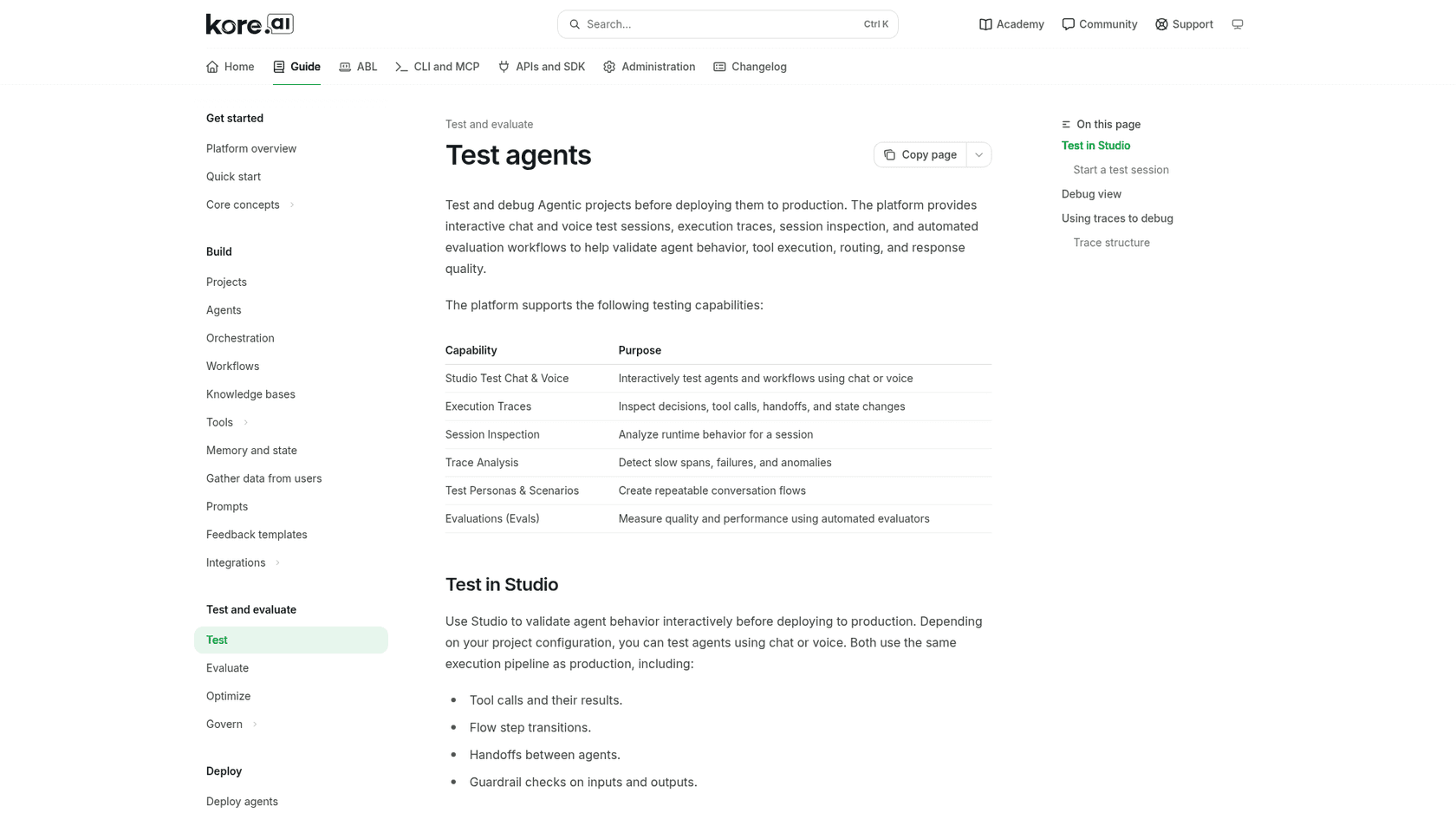 Kore.ai docs page listing Studio test chat, execution traces, test personas, and Evaluations, as taken from Kore.ai docs