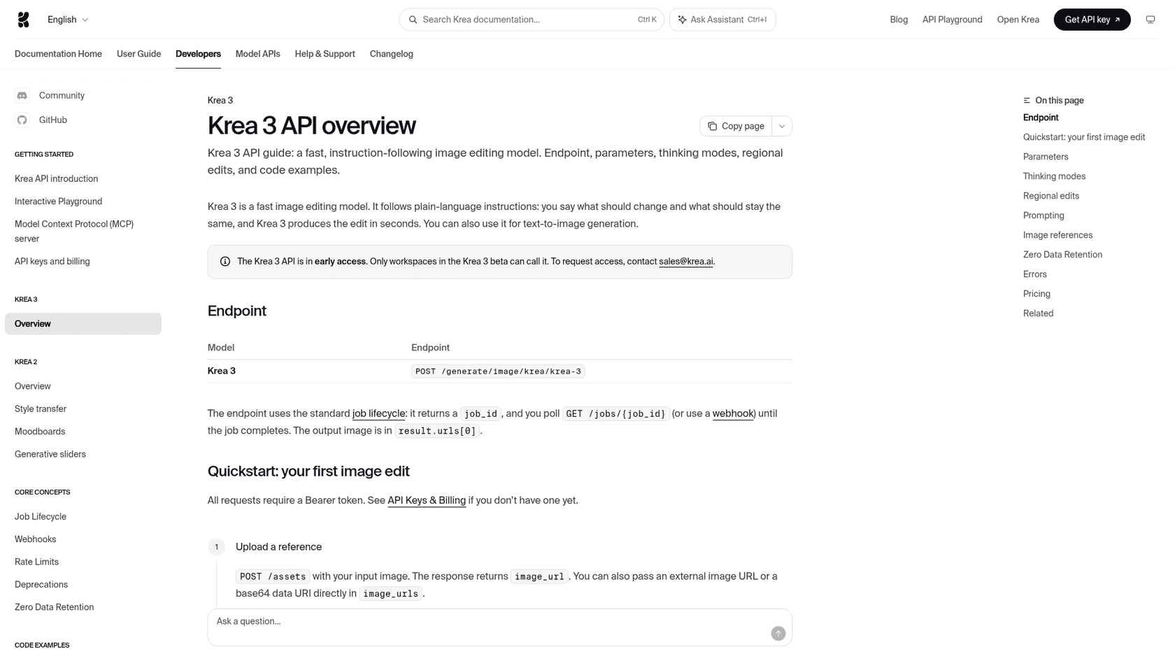 Visão geral da API do Krea 3 na documentação para desenvolvedores da Krea, com um aviso de acesso antecipado e o endpoint POST /generate/image/krea/krea-3, conforme visto na documentação da Krea