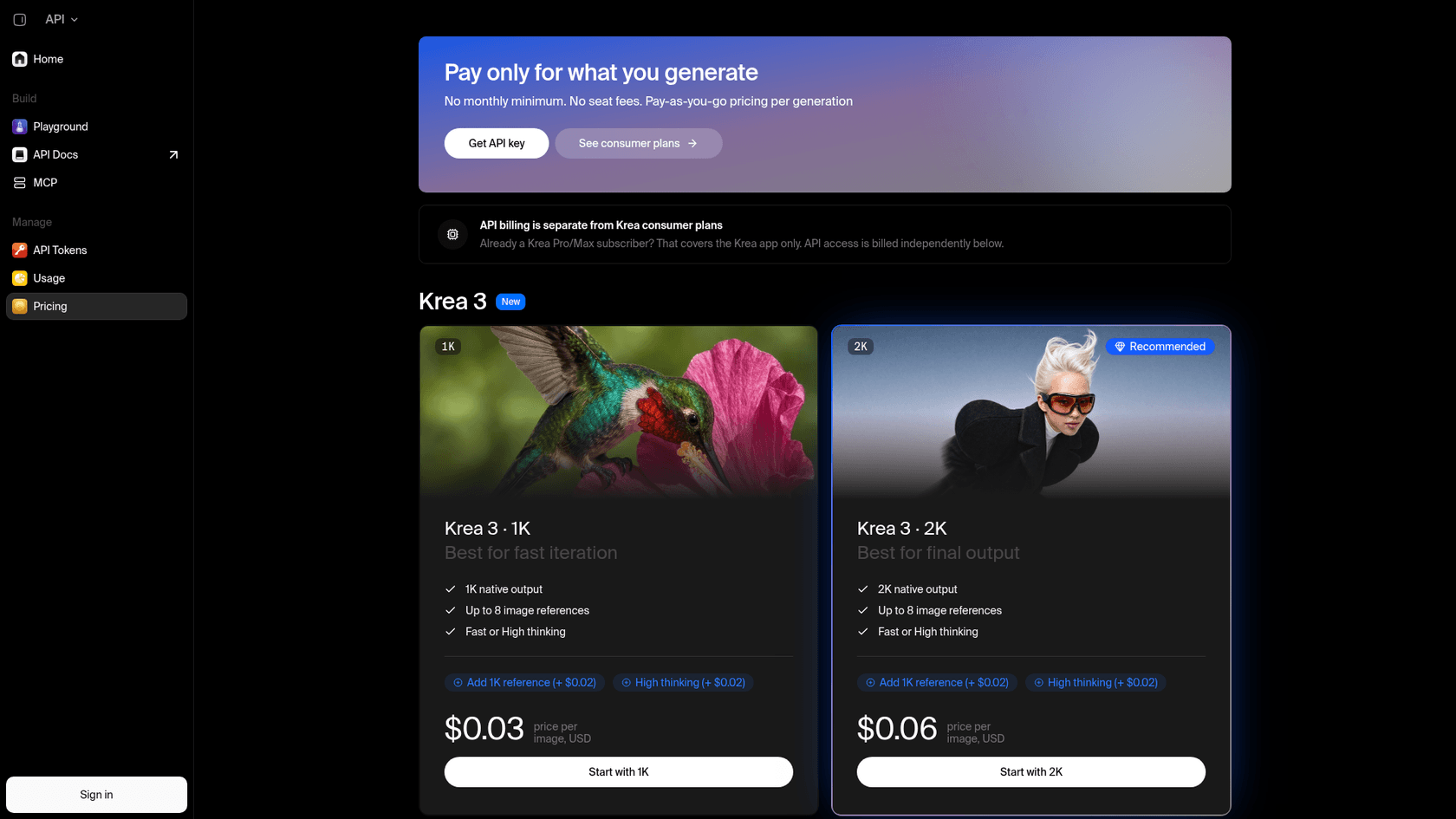 Página de preços da API do Krea mostrando o Krea 3 em 1K por US$ 0,03 por imagem e em 2K por US$ 0,06 por imagem, com até 8 referências de imagem, raciocínio rápido ou alto e extras para uma referência 1K e raciocínio alto a US$ 0,02 cada, conforme a página de preços da API do Krea