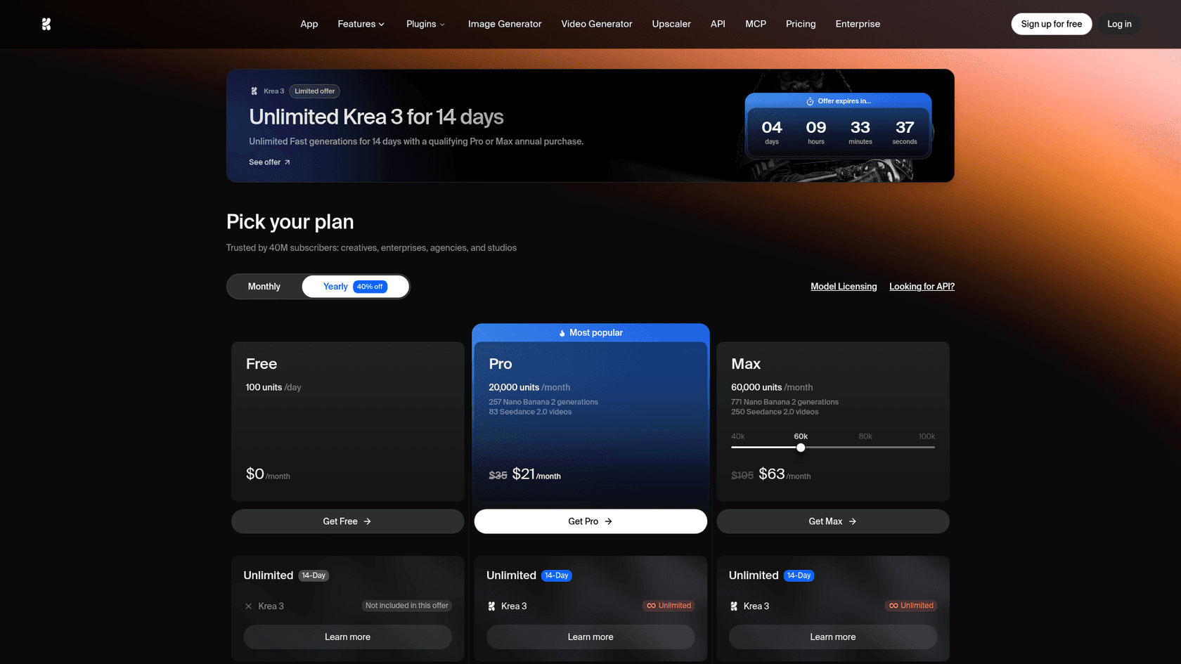Página de preços da Krea com um banner oferecendo Krea 3 ilimitado por 14 dias e cartões dos planos Free, Pro e Max na cobrança anual, Pro a US$ 21 por mês e Max a US$ 63 por mês, conforme visto na Krea