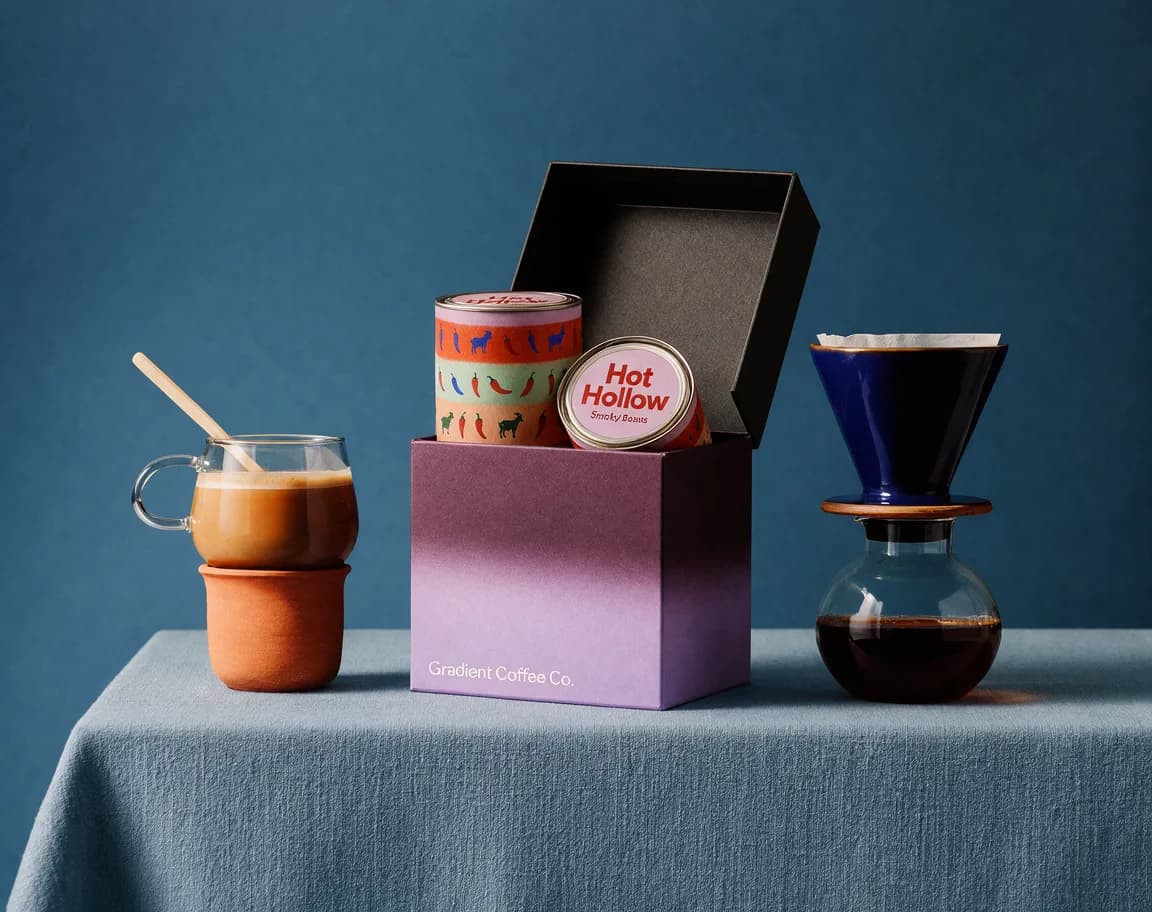 Uma cena de produto do Krea 3: uma caneca de vidro, uma xícara de cerâmica, uma caixa de presente roxa da Gradient Coffee Co. com duas latas Hot Hollow e um coador de café azul sobre um conjunto de tecido azul, conforme visto na Krea