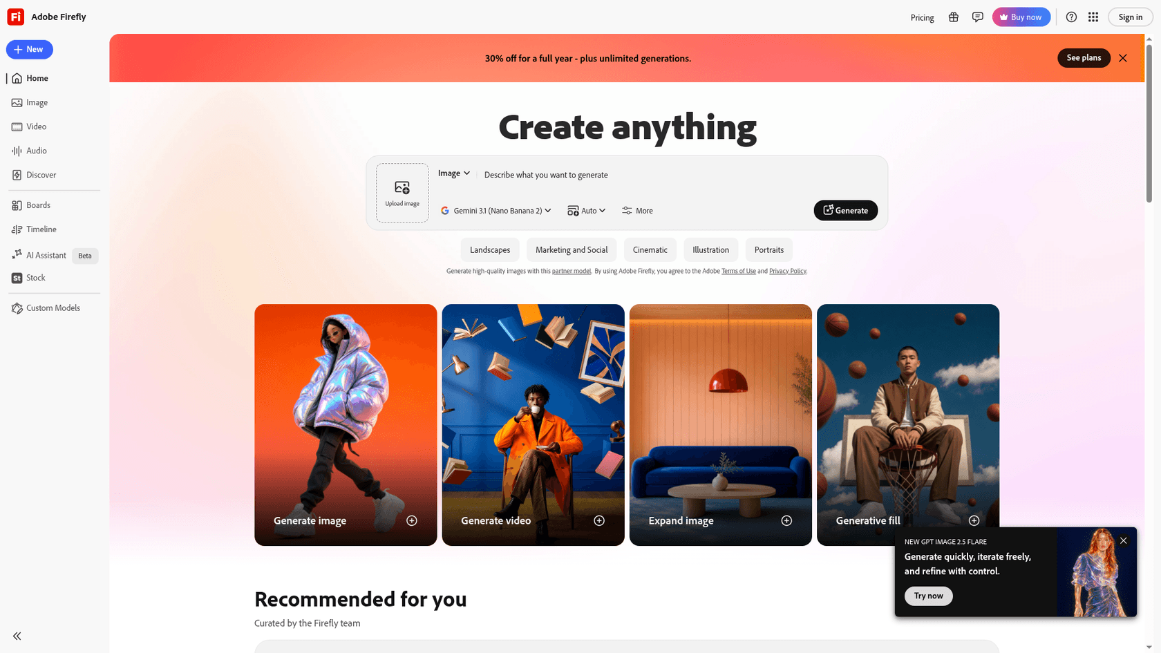 Adobe Firefly web app home screen with a prompt bar, a Gemini 3.1 Nano Banana 2 model picker, and tiles for Generate image, Generate video, Expand image and Generative fill, as taken from Adobe Firefly