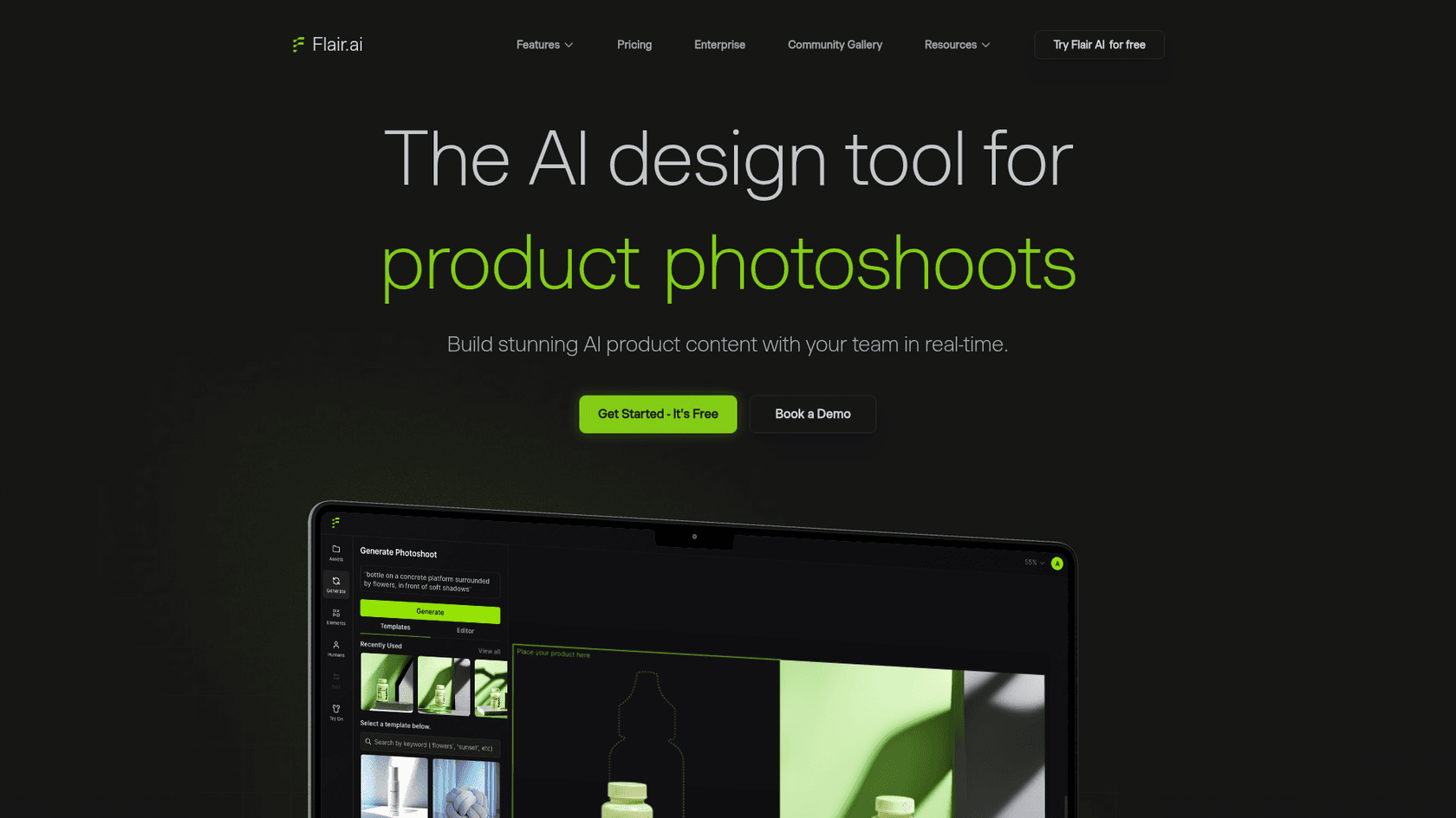 Flair.ai homepage reading "The AI design tool for product photoshoots" above a laptop showing the Generate Photoshoot panel, as taken from Flair.ai